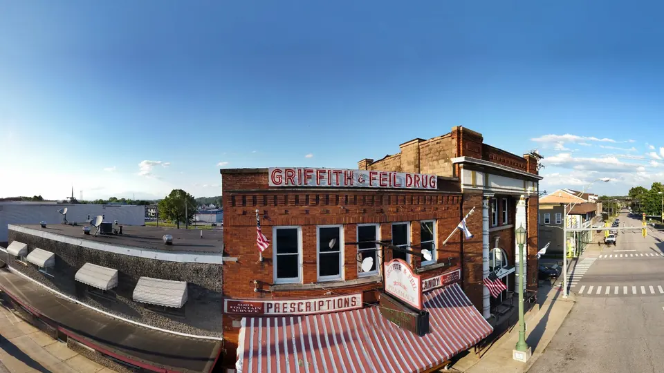 Aerial view of Griffith and Feil Drug Store and downtown Kenova